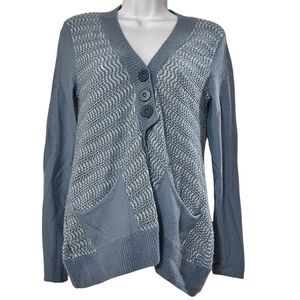 Free People Wool Cardigan Blue & Metallic Silver Loose Boho 3 Button Size Small